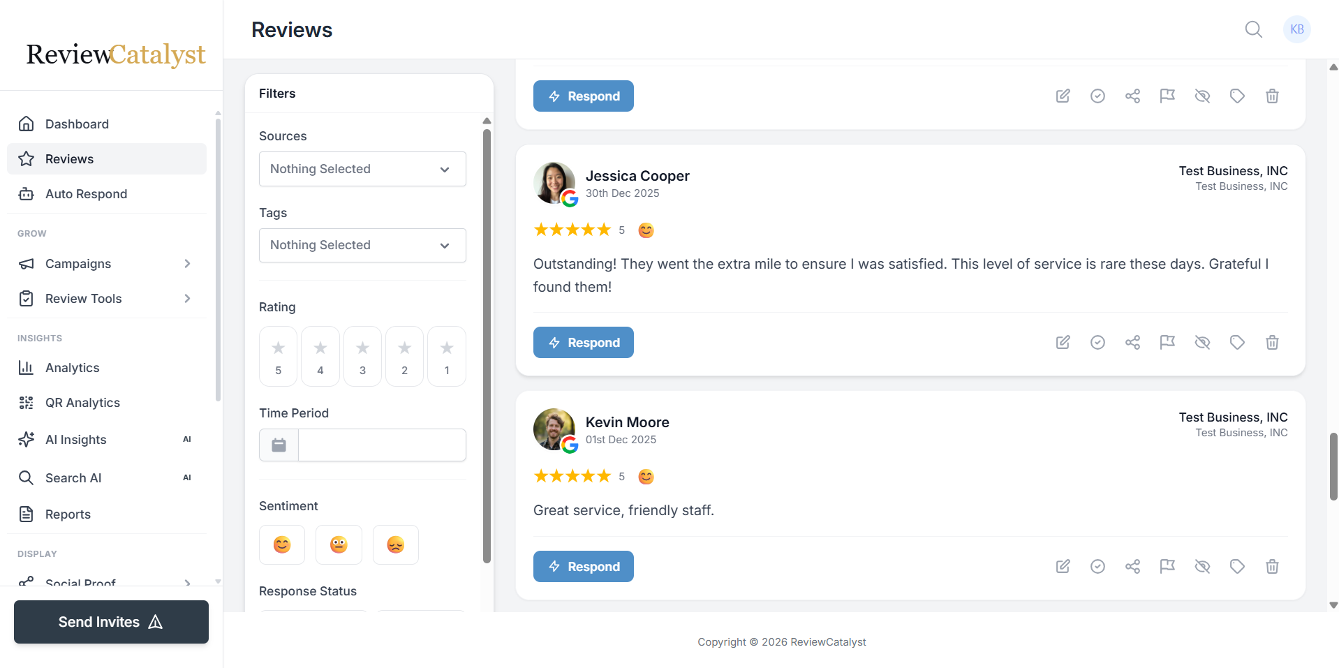 ReviewCatalyst review management interface showing reviews from multiple platforms